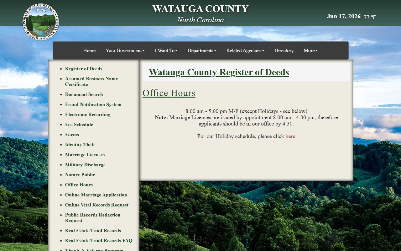 Watauga County Clerk records and Register of Deeds office hours