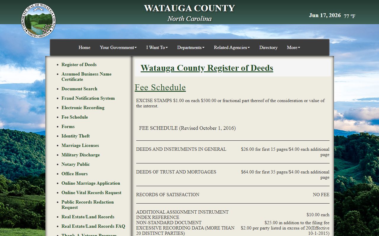 Watauga County Clerk records and Register of Deeds fee schedule