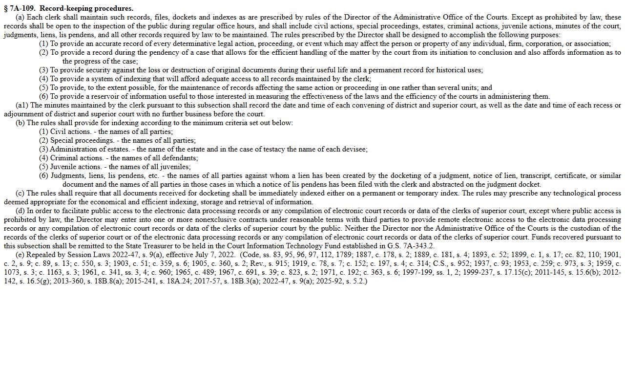 Watauga County court records clerk records and judgment index statute