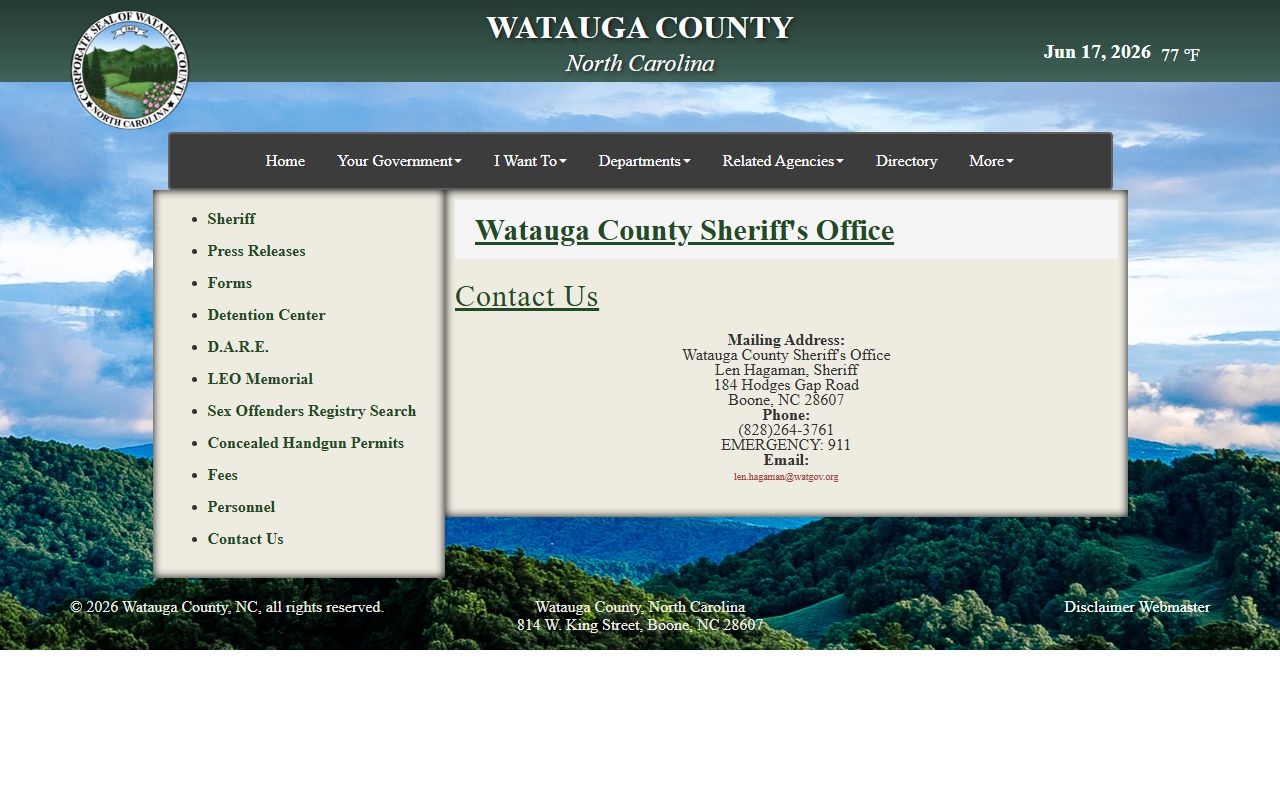 Watauga County inmate records and sheriff contact page