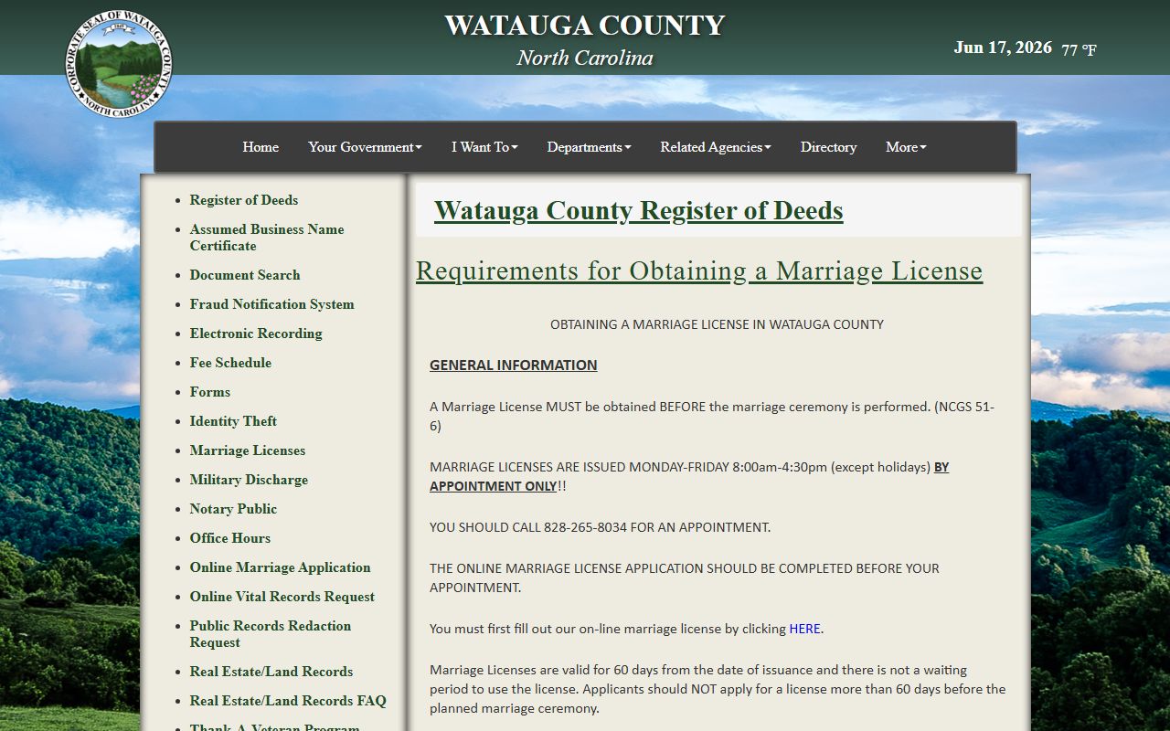Watauga County marriage records and Register of Deeds license requirements