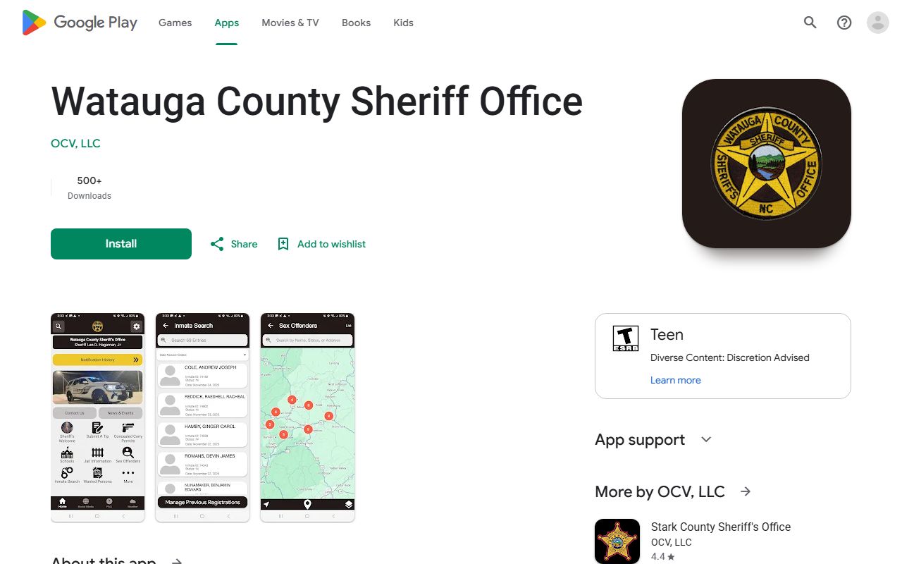 Watauga County warrant records and Sheriff Office Android app listing